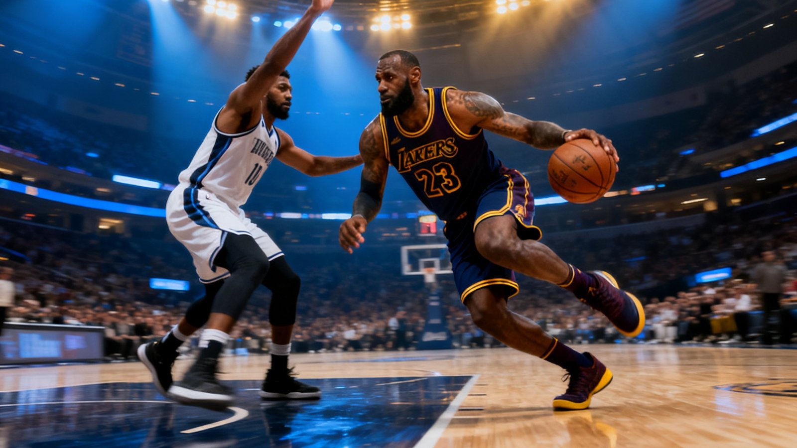 NBA赛场上詹姆斯突破上篮，防守球员奋力封盖，球馆内蓝色和金色灯光交织